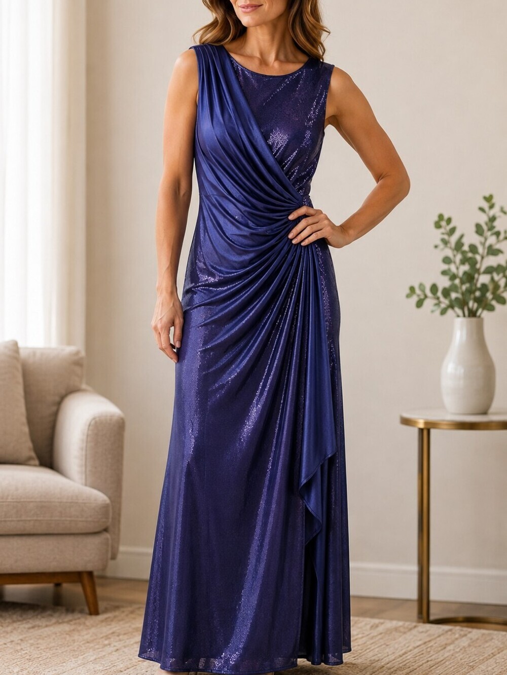 TADASHI Shoji S SMALL Sequin Ruched Draped Maxi Dress Gown